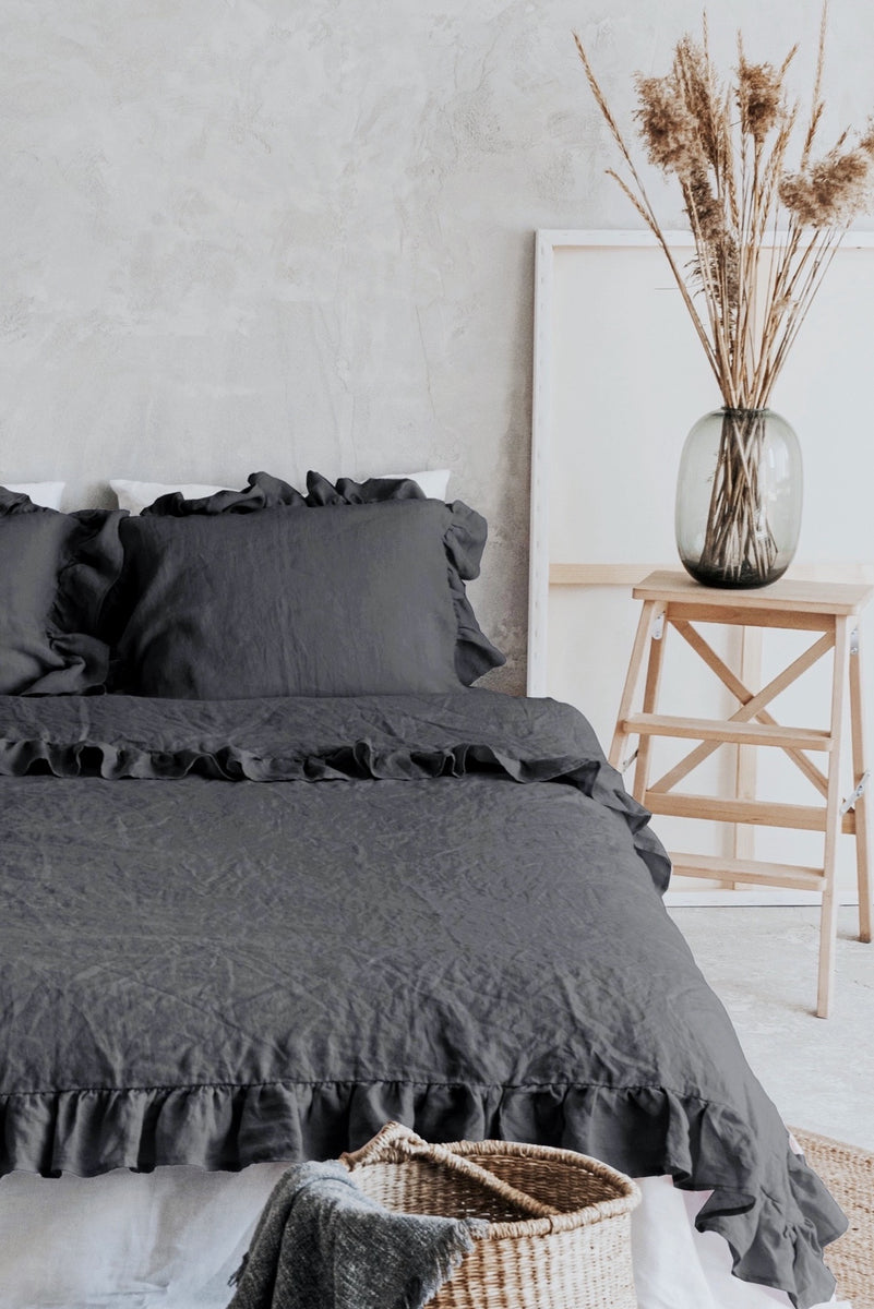 Linen duvet cover with ruffle. Washed soft linen king bedding. Natural stonewashed queen linen 2024 ruffled duvet cover