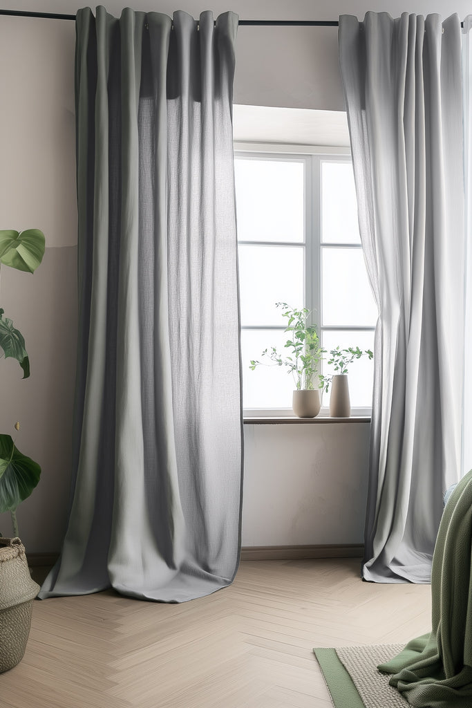 Linen Curtain Set Organic Washed Flax Curtains Light Grey 001