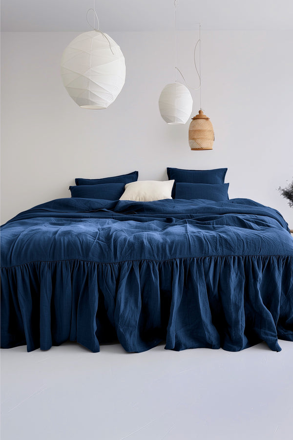 Linen Ruffle Bedskirt Dark Blue 02