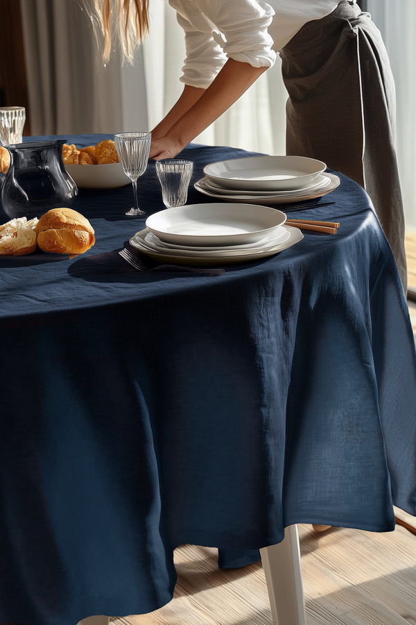 Soft Linen Organic Oval Tablecloth Dark Blue 011