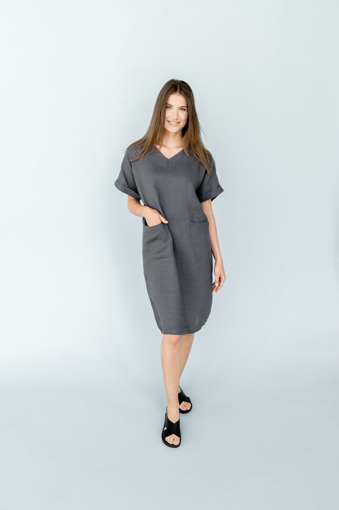 Dress Adeline Linen Dress V Neck Dress With Pockets Dark Grey