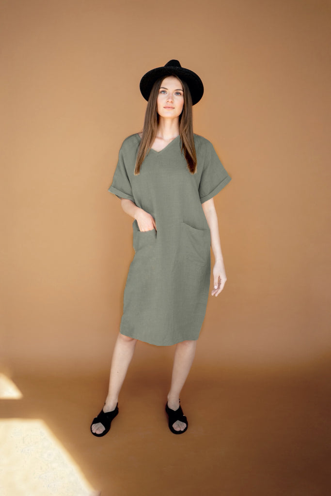 Dress Adeline Linen Dress V Neck Dress With Pockets Green