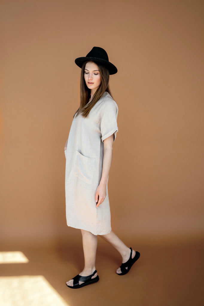 Dress Adeline Linen Dress V Neck Dress With Pockets Short Sleeve Dress Natural