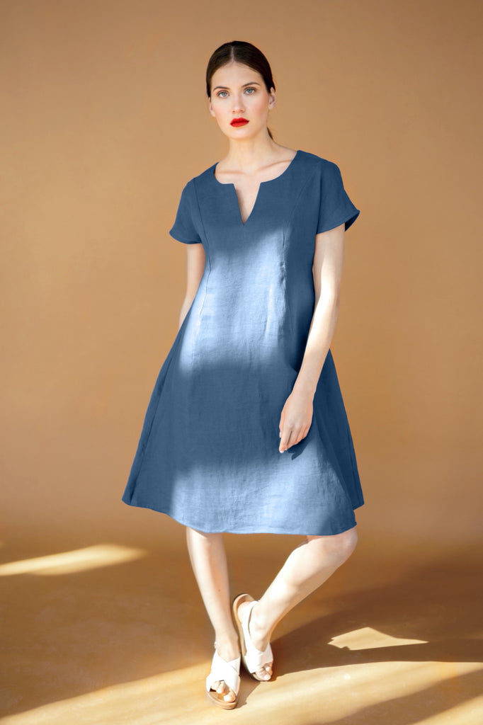 Dress Amara Linen Dress A Line Dress Short Sleeves Dress Dark Blue