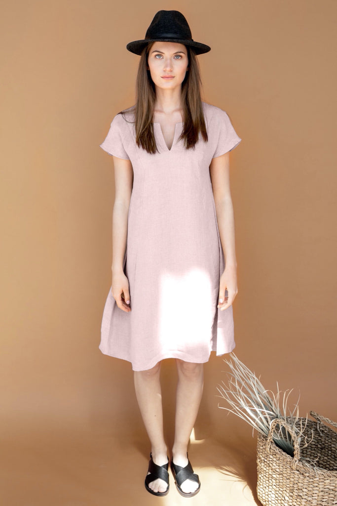 Dress Amara Linen Dress A Line Dress Short Sleeves Dress Pink