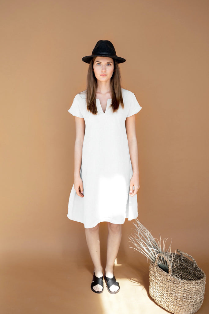 Dress Amara Linen Dress A Line Dress Short Sleeves Dress Pure White