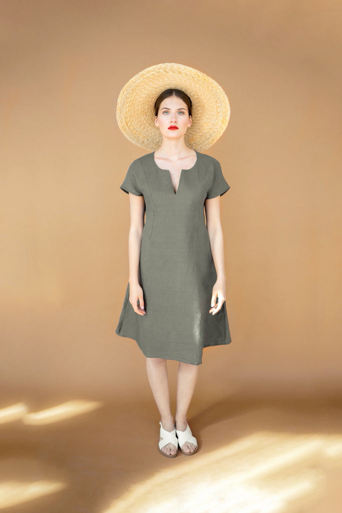 Dress Amara Stonewashed Linen Dress A Line Dress Short Sleeves Dress Summer Dress Green