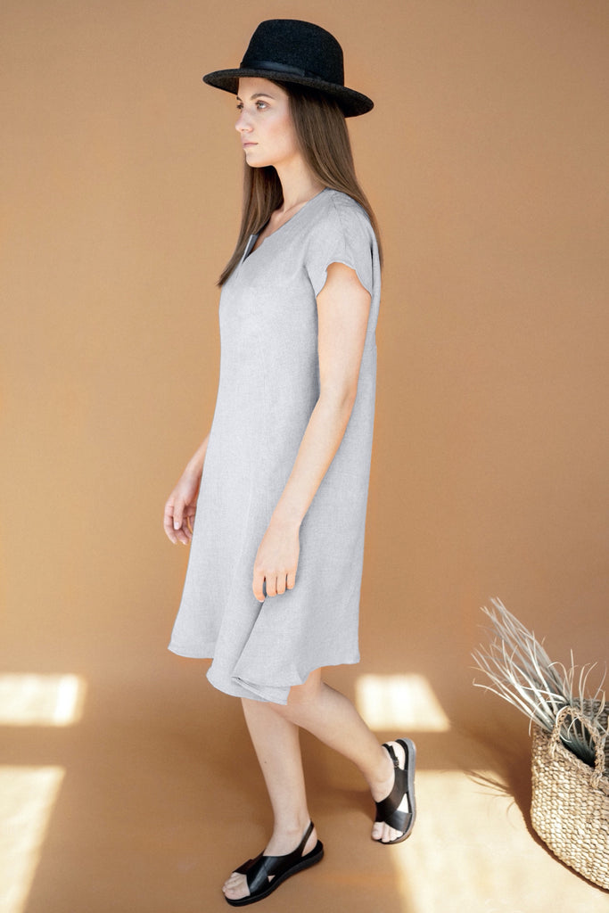 Dress Amara Stonewashed Linen Dress A Line Dress Short Sleeves Dress Summer Dress Light Grey