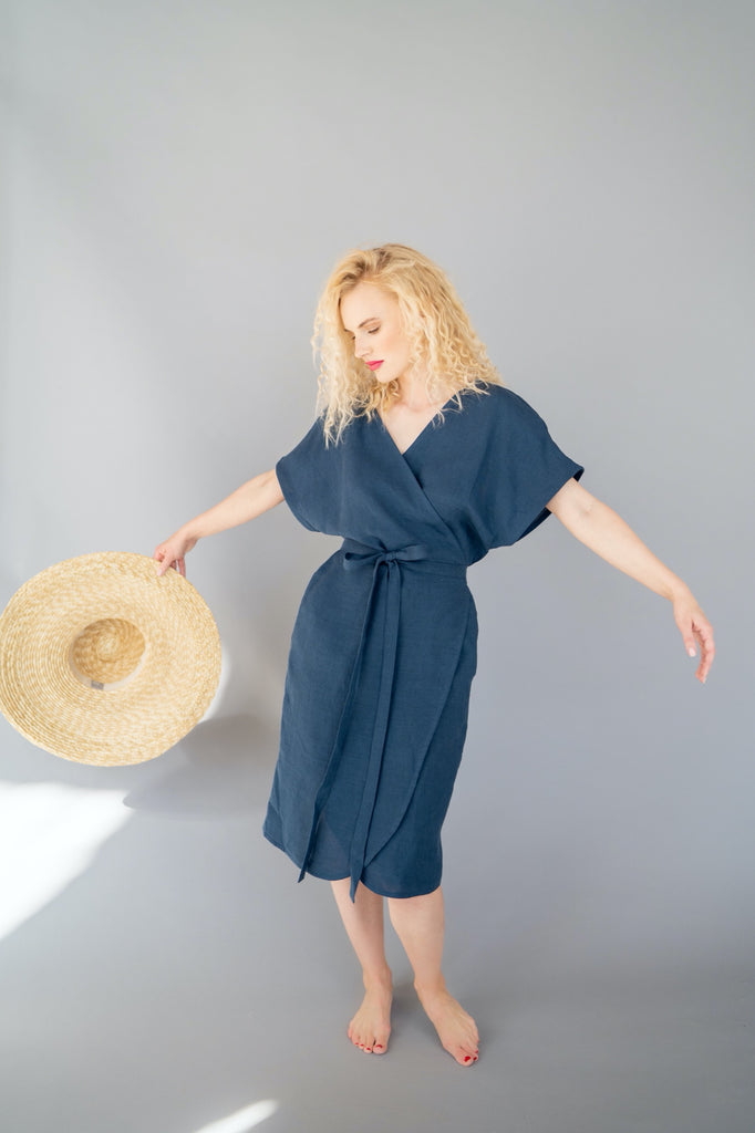 Dress Nora Linen Wrap Dress A Line Dress Short Sleeve Summer Dress With Pockets Dark Blue