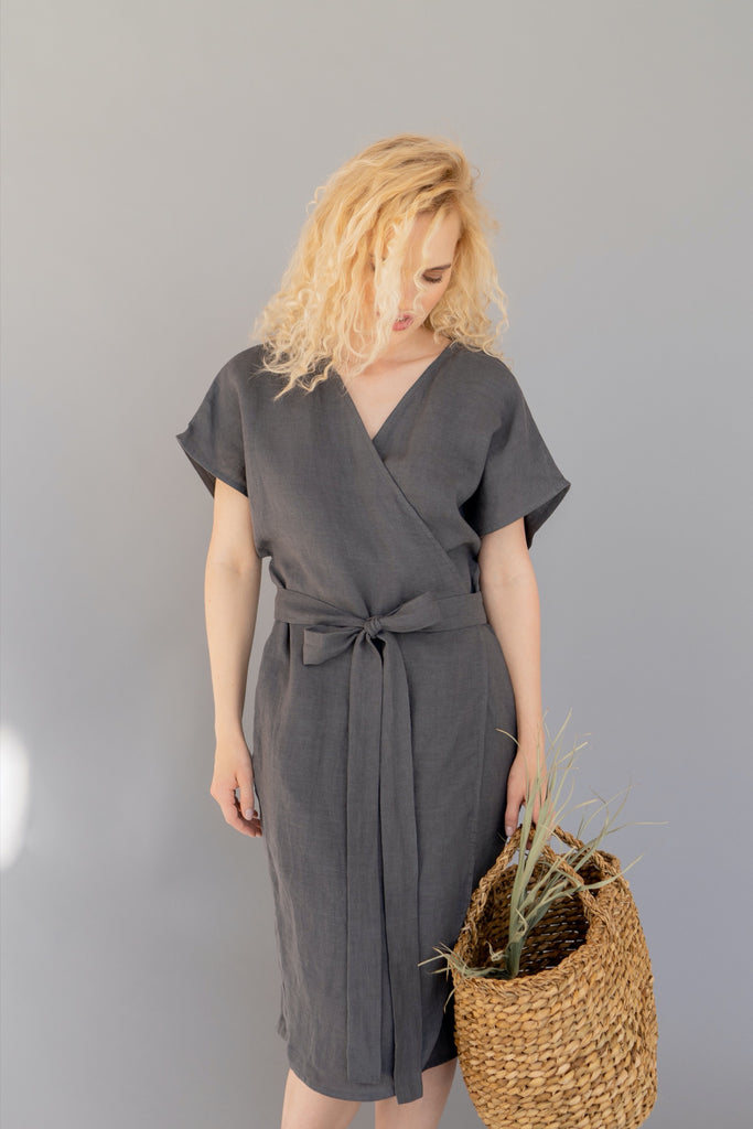 Dress Nora Linen Wrap Dress A Line Dress Short Sleeve Summer Dress With Pockets Dark Grey