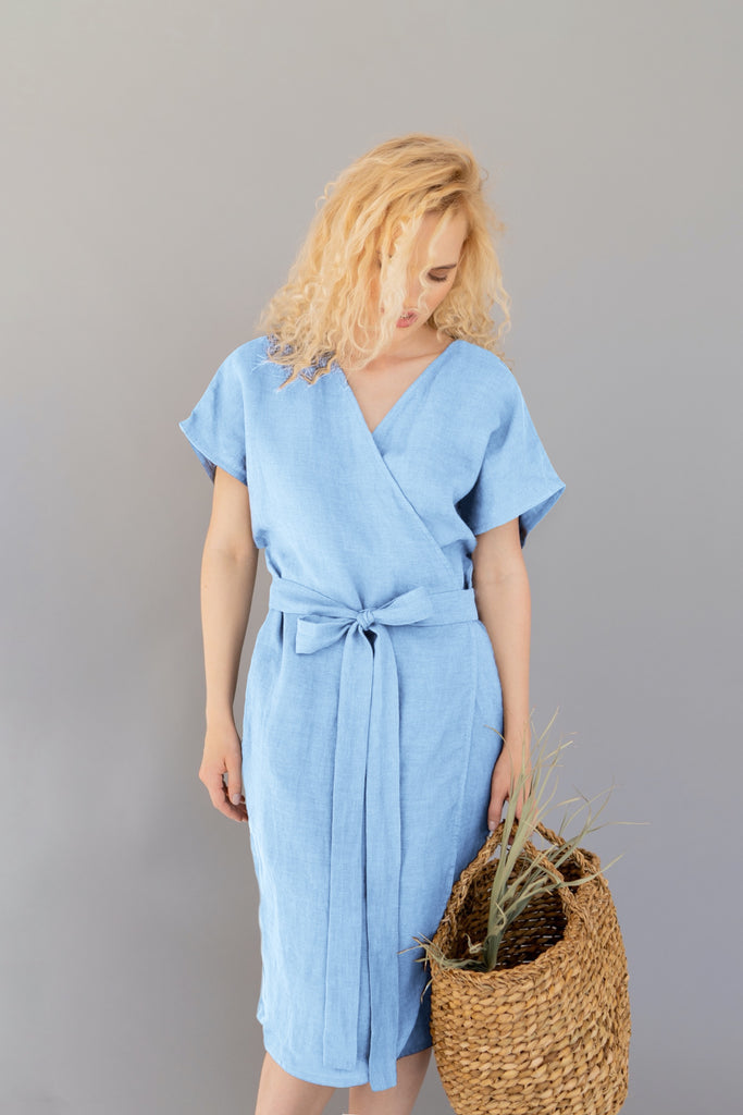 Dress Nora Linen Wrap Dress A Line Dress Short Sleeve Summer Dress With Pockets Light Blue