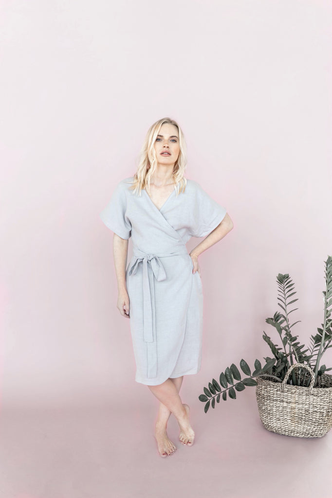 Dress Nora Linen Wrap Dress A Line Dress Short Sleeve Summer Dress With Pockets Light Grey