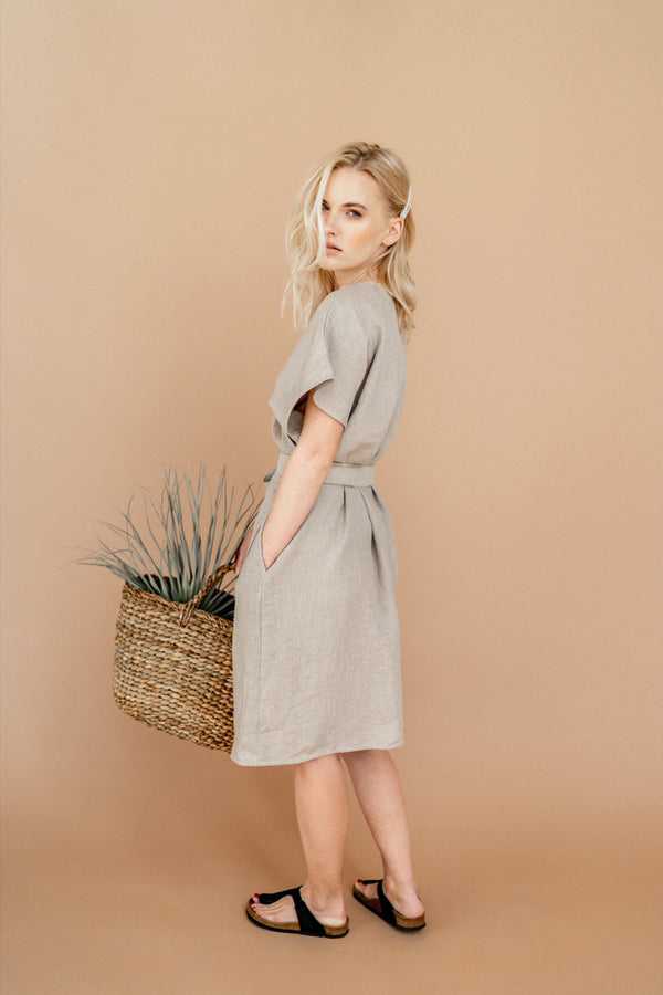 Dress Nora Linen Wrap Dress A Line Dress Short Sleeve Summer Dress With Pockets Natural