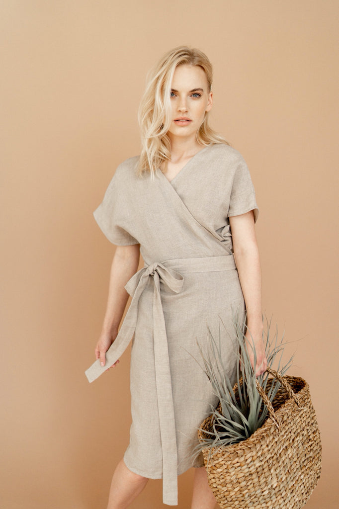 Dress Nora Linen Wrap Dress Kimono Dress With Pockets Natural