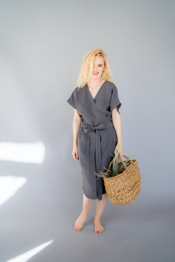 Dress Nora Stonewashed Linen Wrap Dress With Pockets A Line Dress Dark Grey