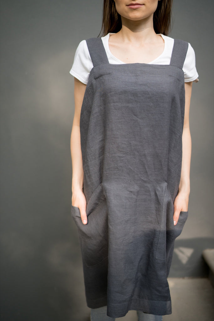 Japanese Style Apron Design Linen Fabric Pinafore Apron Dark Grey