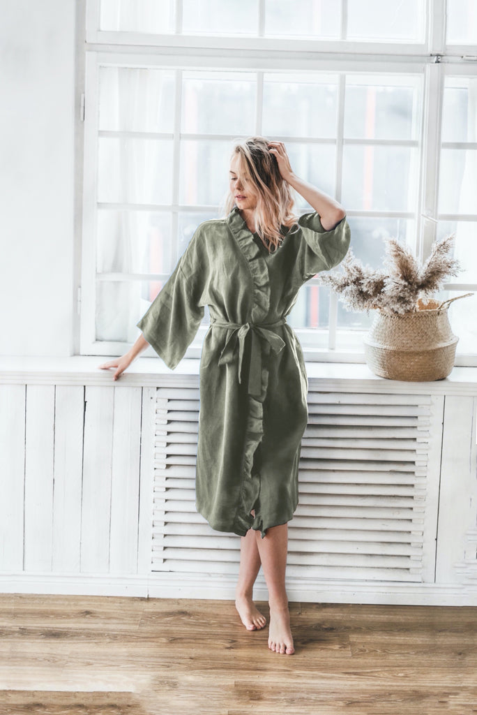 Kimono Robe Linen Kimono Linen Bathrobe Plus Size Robe Ruffle Kimono Bathrobe Green