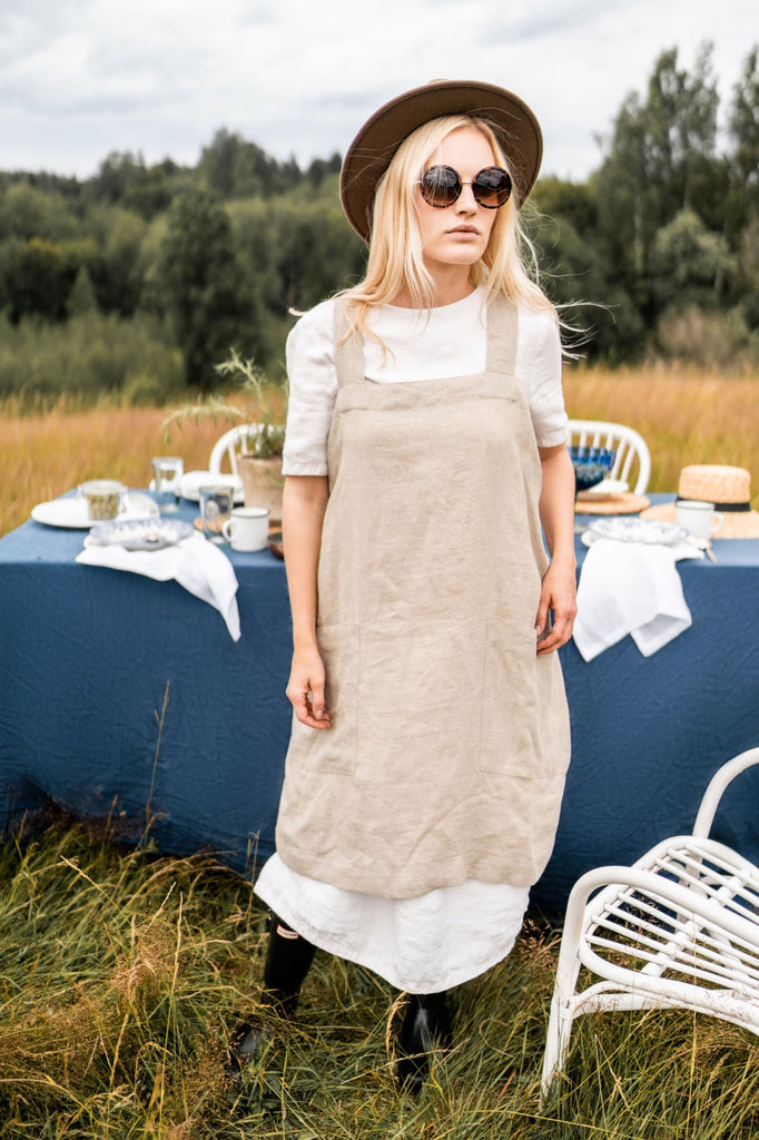 Linen Aprons With Pockets Japanese Style Pinafore Apron Natural