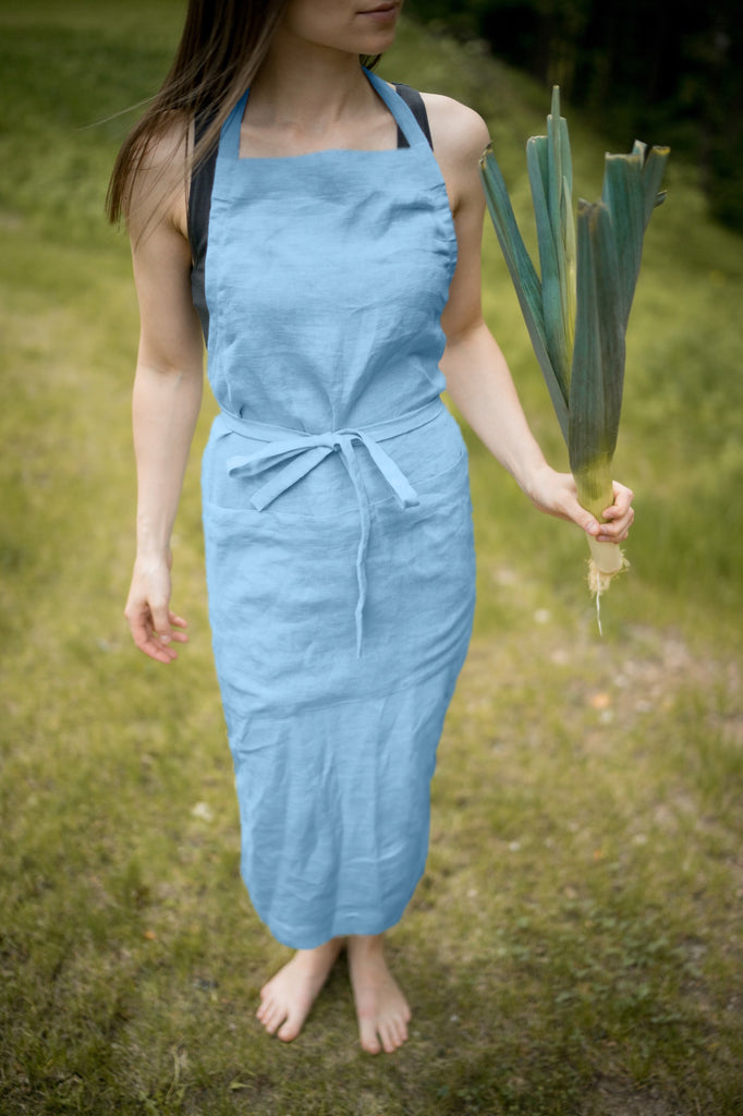 Linen Aprons With Pockets Sustainable Textile Full Apron Light Blue