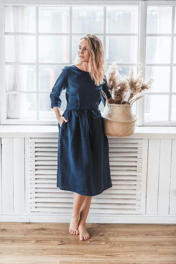 Linen Dress A Line Dress Summer Dress Grace Dark Blue