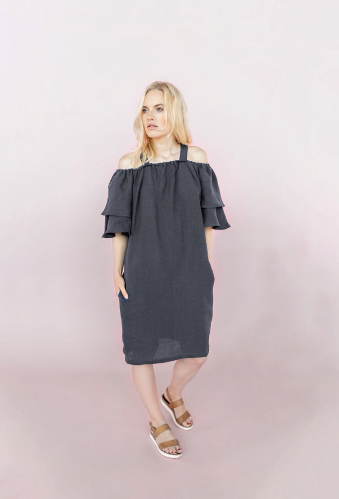 Linen Dress Summer Dress Ruffle Dress Open Shoulders Dress Christina Dark Grey