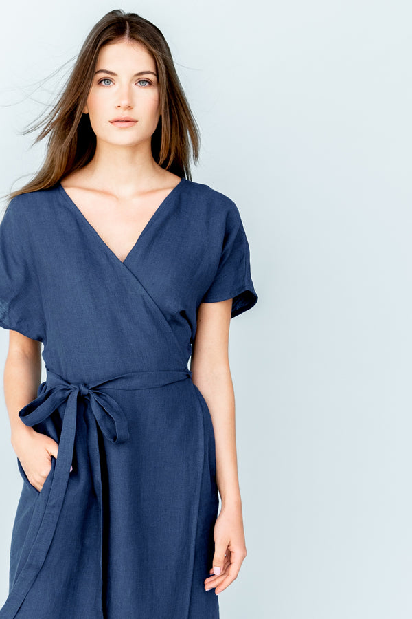 Linen Dress Wrap Dress Plus Size Dress Long Dress Evelyn Dark Blue