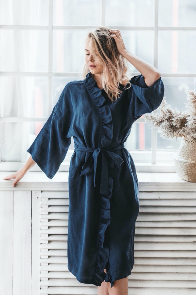 Linen Kimono Robe Linen Kimono Linen Bathrobe Plus Size Robe Ruffle Kimono Bathrobe Dark Blue
