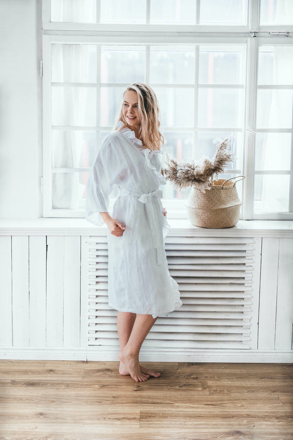 Linen Kimono Wedding Robe Linen Robe Linen Bathrobe Ruffle Kimono Bathrobe Pure White