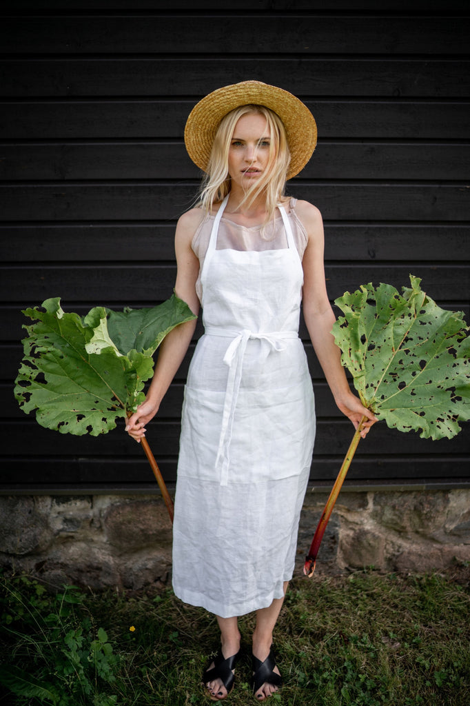 Linen Kitchen Apron With Pockets Full Apron Pure White