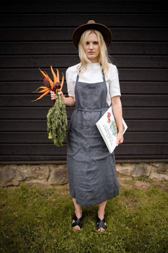 Linen Long Apron For Kitchen Full Apron Dark Grey