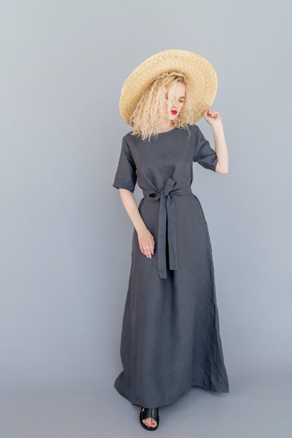 Linen Maxi Dress Long Linen Dress Bridesmaid Dress Elizabeth Dark Grey