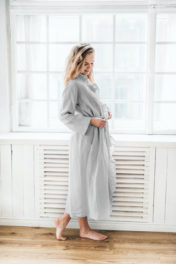 Linen Robe Flounce Robe Frill Robe Robe With Pockets Ruffle Bathrobe Light Grey