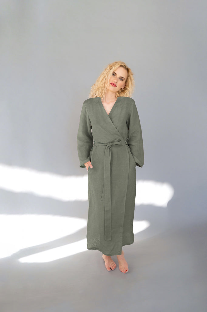 Linen Robe Linen Bathrobe Long Bathrobe Long Linen Robe With Pockets Long Bahtrobe Green