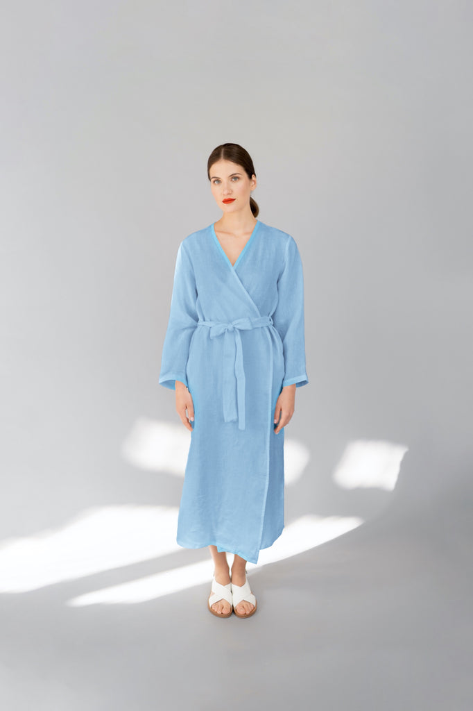 Linen Robe Linen Bathrobe Long Bathrobe Long Linen Robe With Pockets Long Bahtrobe Light Blue