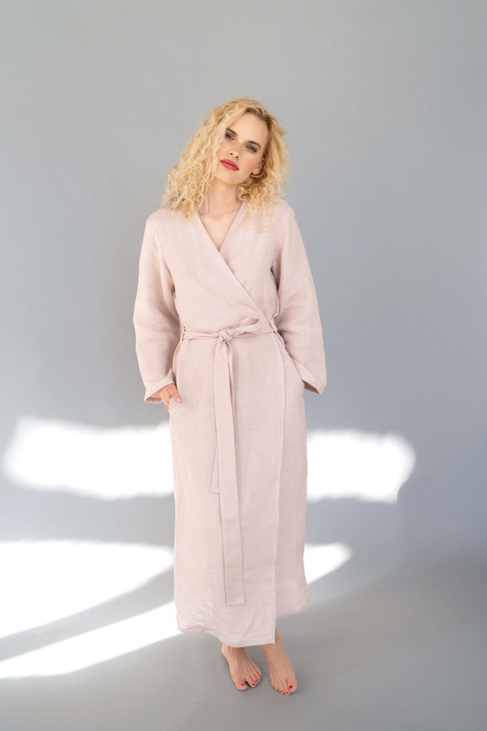 Linen Robe Linen Bathrobe Long Bathrobe Long Linen Robe With Pockets Long Bahtrobe Pink