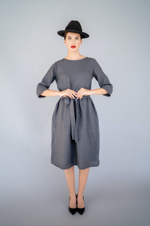 Linen Summer Dress A Line Dress With Pockets Dress Grace Dark Grey