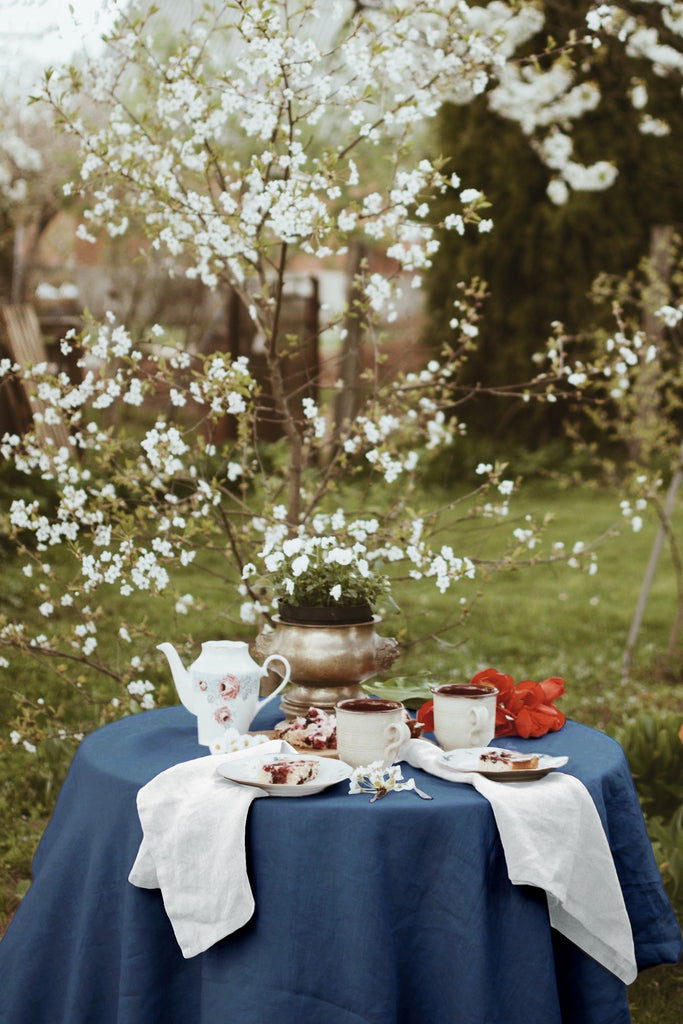 Linen Tablecloth Round Tablecloth Basic Napkin Basic Tablecloth Pure White Dark Blue 127