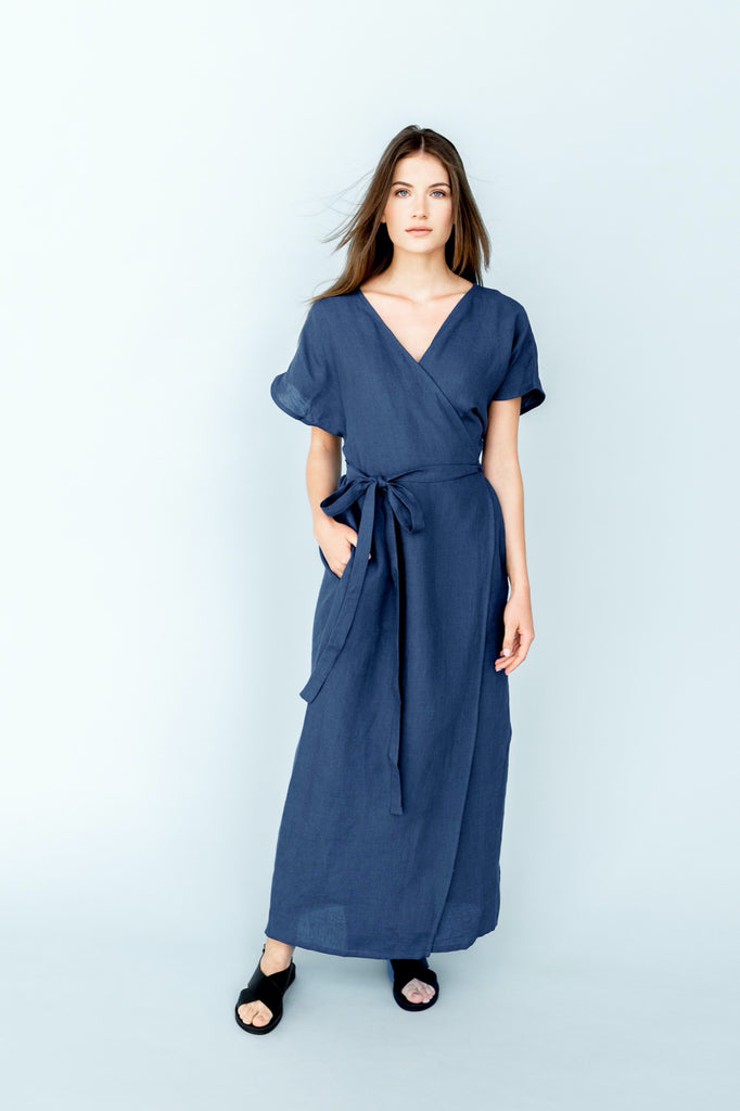 Linen Wrap Dress Kimono Dress Long Linen Dress Maxi Dress Evelyn Dark Blue