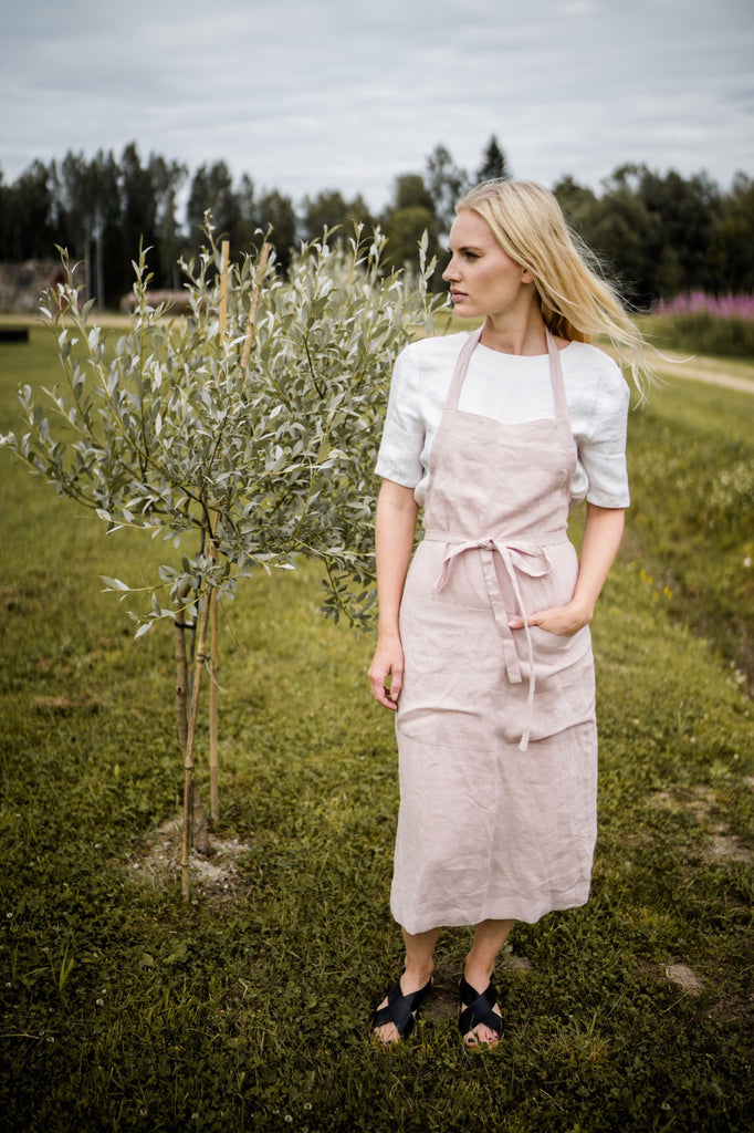 Long Linen Apron For Garden Full Apron Pink