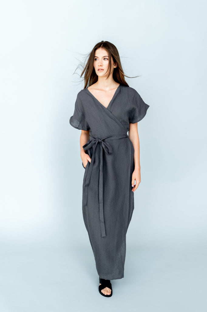 Long Linen Dress Kimono Wrap Dress Maternity Dress Maxi Dress Evelyn Dark Grey