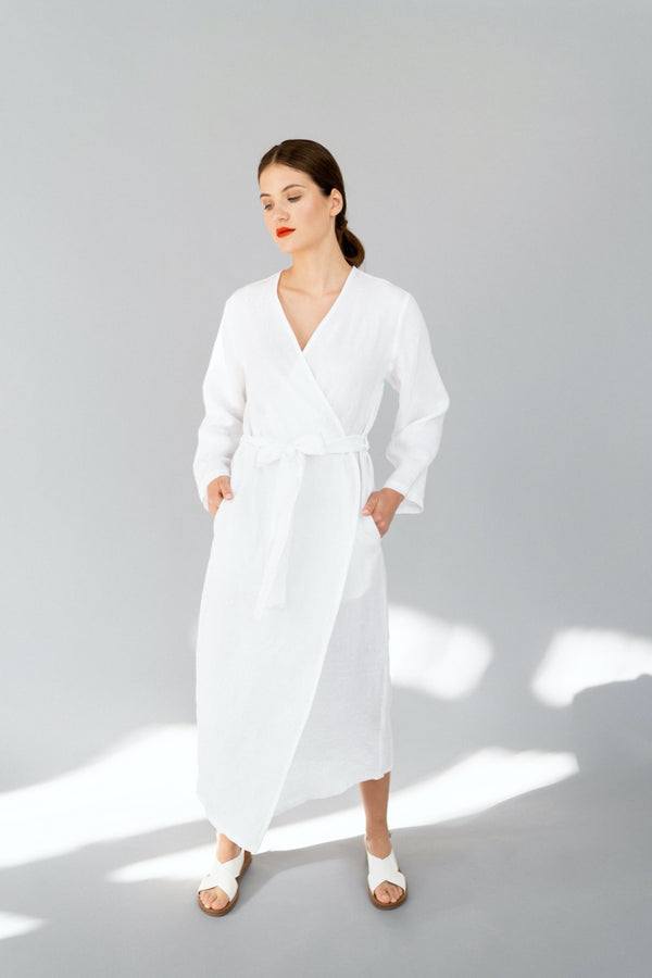 Natural Linen Robe Long Linen Robe Long Dressing Gown Robe With Pockets Long Bahtrobe Pure White