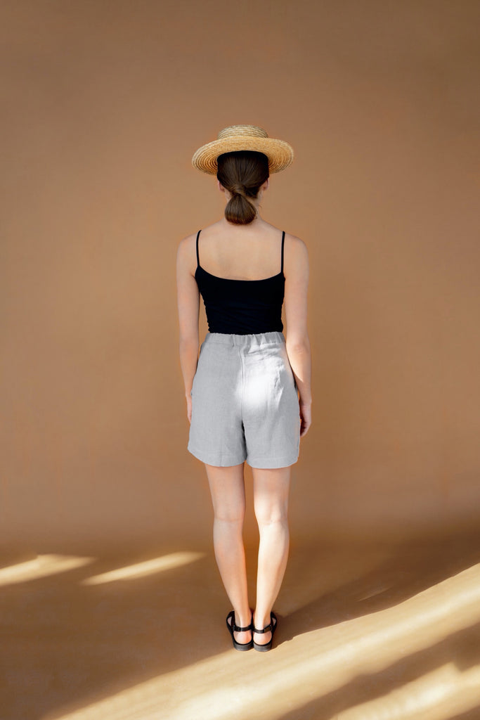 Natural Linen Shorts With Pockets High Waist Shorts Kate Light Grey