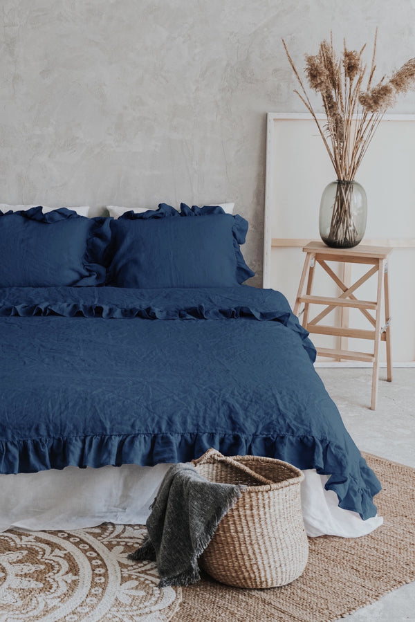 Natural Organic Linen Ruffle Duvet Cover Set Dark Blue 4121