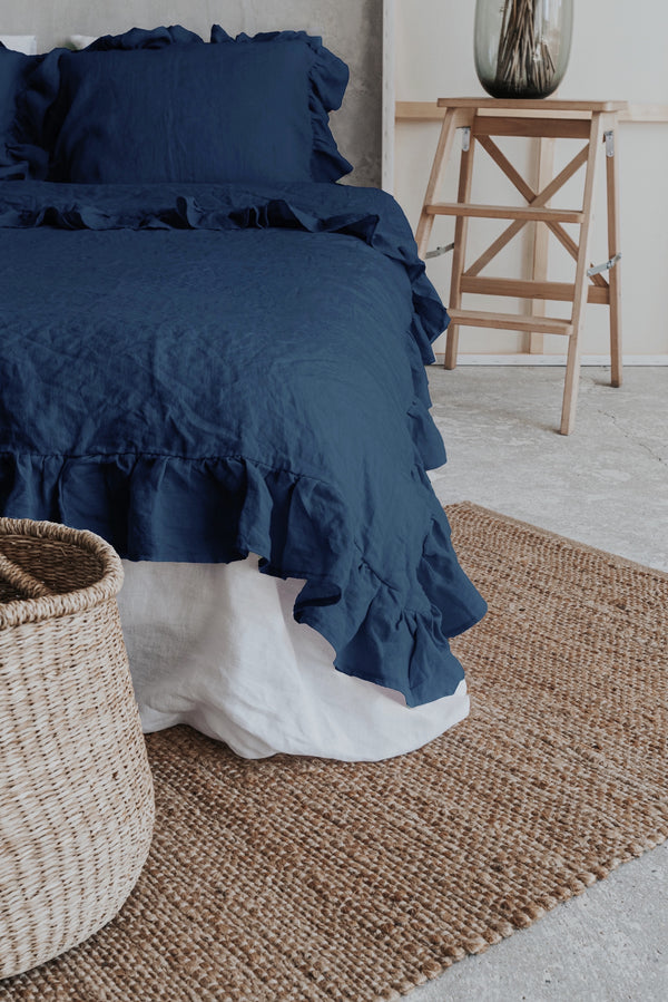 Natural Organic Linen Ruffle Duvet Cover Set Dark Blue 413