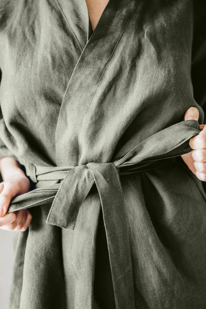 Natural Softened Linen Robe With Belt Basic Bathrobe Green