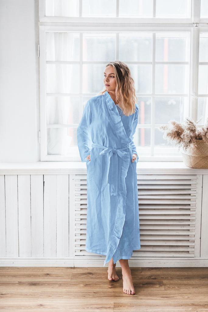 Ruffle Robe Linen Robe Organic Robe Summer Robe Bridal Robe Ruffle Bathrobe Light Blue