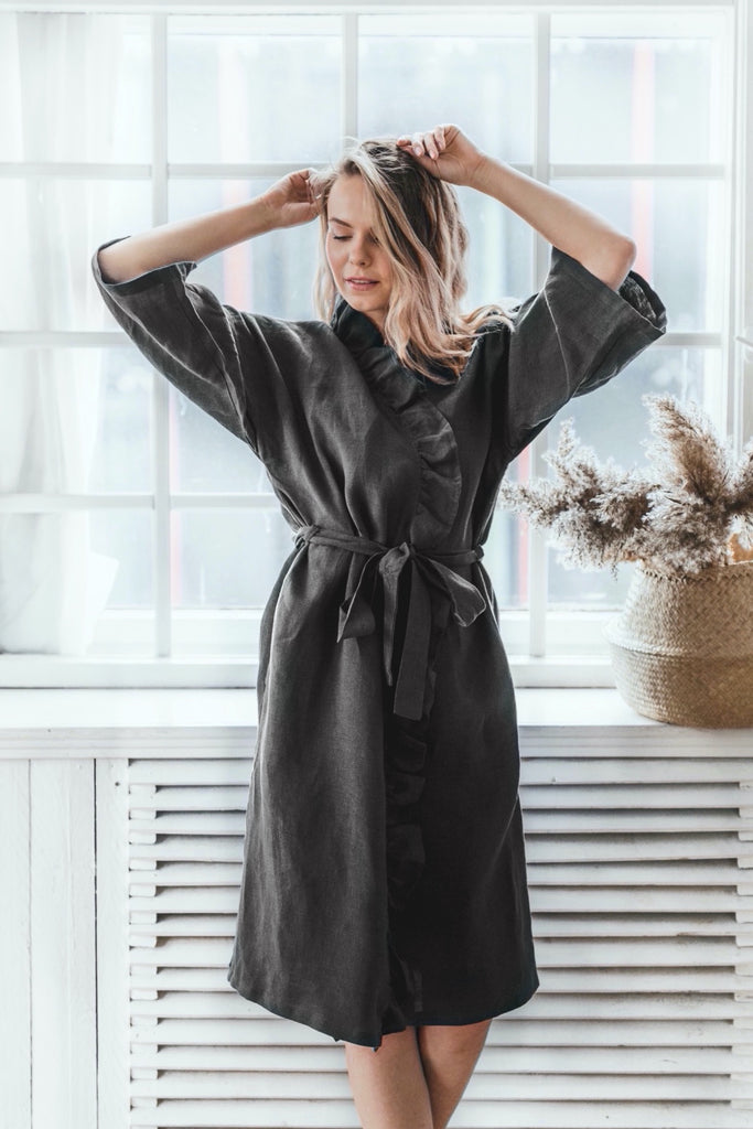 Soft Linen Robe Kimono Robe Linen Kimono Ruffle Kimono Bathrobe Dark Grey