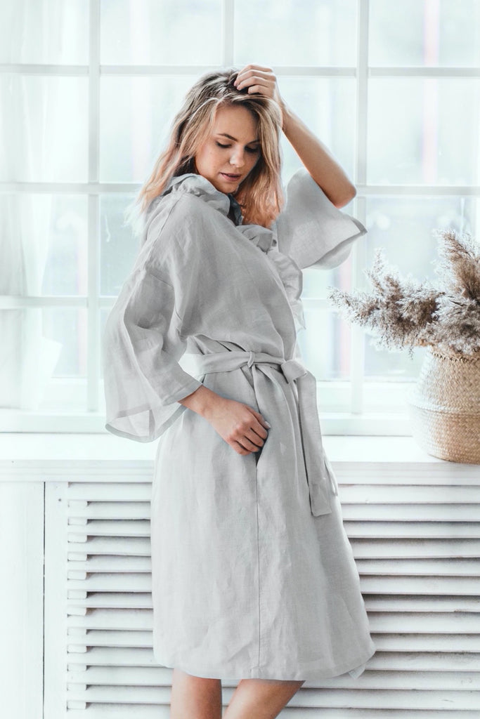 Soft Linen Robe Kimono Robe Linen Kimono Ruffle Kimono Bathrobe Light Grey