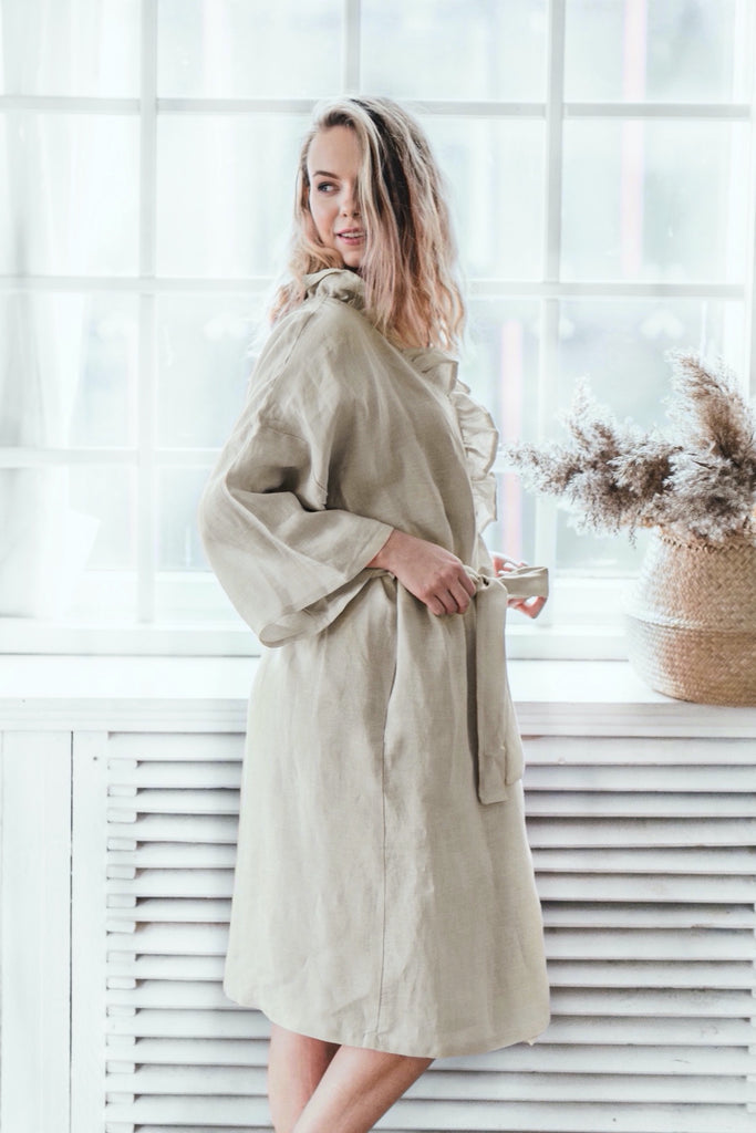 Soft Linen Robe Kimono Robe Linen Kimono Ruffle Kimono Bathrobe Natural