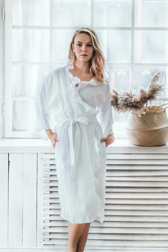 Soft Linen Robe Wedding Robe Bridal Robe Kimono Robe Linen Ruffle Kimono Bathrobe Pure White